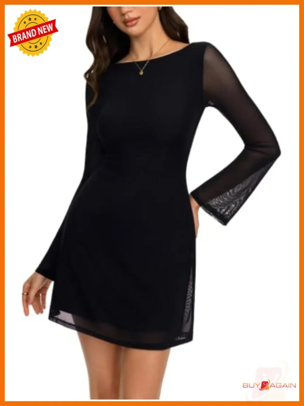 Mesh Bell Sleeve Mini Dress Long Sleeve Crew Neck A-Line Formal